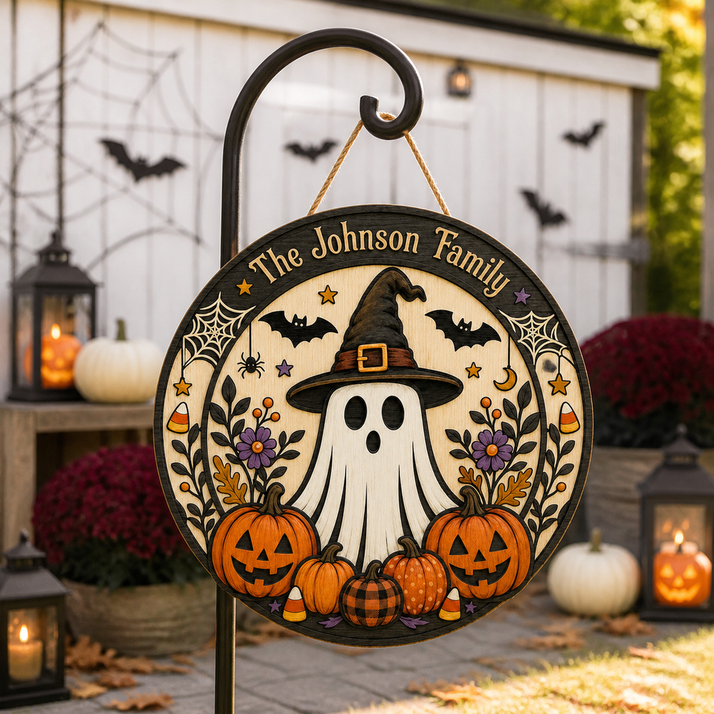 Cute Ghost Witch & Pumpkins With Family Name - Personalized Round Wood Sign - Halloween Door Decor