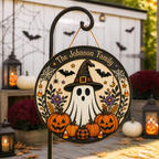 Cute Ghost Witch & Pumpkins With Family Name - Personalized Round Wood Sign - Halloween Door Decor