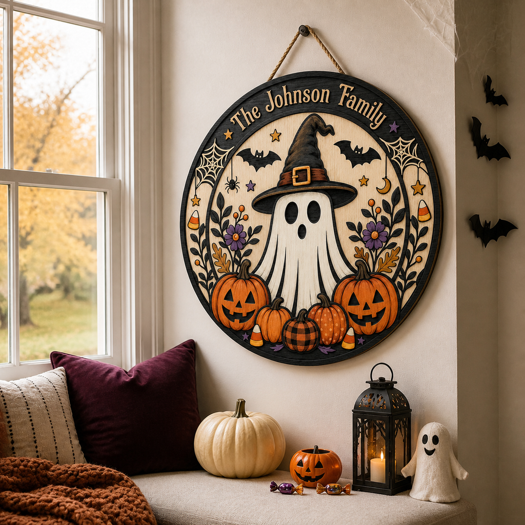 Cute Ghost Witch & Pumpkins With Family Name - Personalized Round Wood Sign - Halloween Door Decor