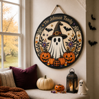 Cute Ghost Witch & Pumpkins With Family Name - Personalized Round Wood Sign - Halloween Door Decor