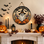 Cute Ghost Witch & Pumpkins With Family Name - Personalized Round Wood Sign - Halloween Door Decor
