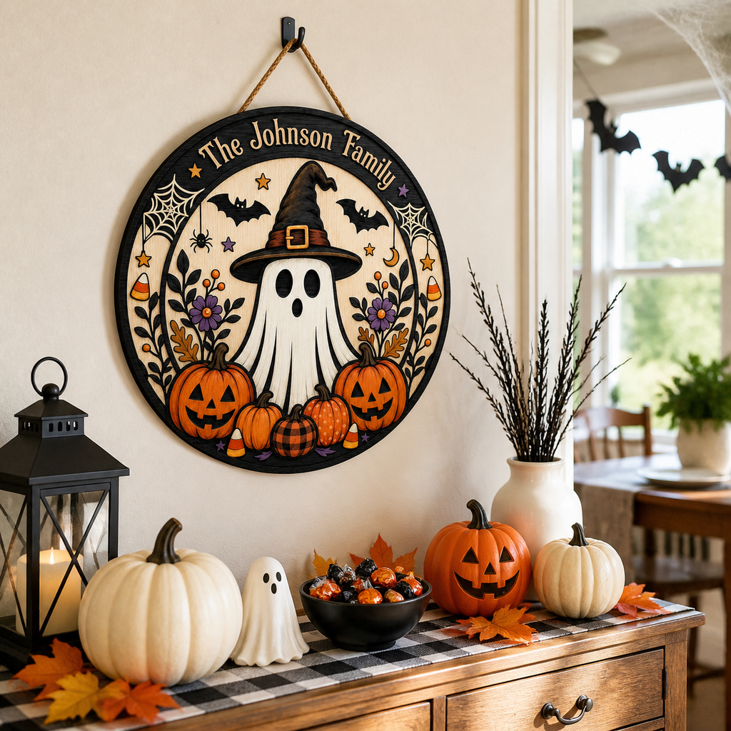 Cute Ghost Witch & Pumpkins With Family Name - Personalized Round Wood Sign - Halloween Door Decor