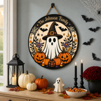 Cute Ghost Witch & Pumpkins With Family Name - Personalized Round Wood Sign - Halloween Door Decor