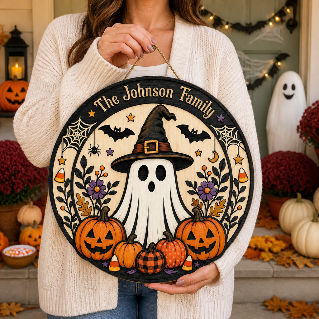 Cute Ghost Witch & Pumpkins With Family Name - Personalized Round Wood Sign - Halloween Door Decor