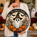 Cute Ghost Witch & Pumpkins With Family Name - Personalized Round Wood Sign - Halloween Door Decor