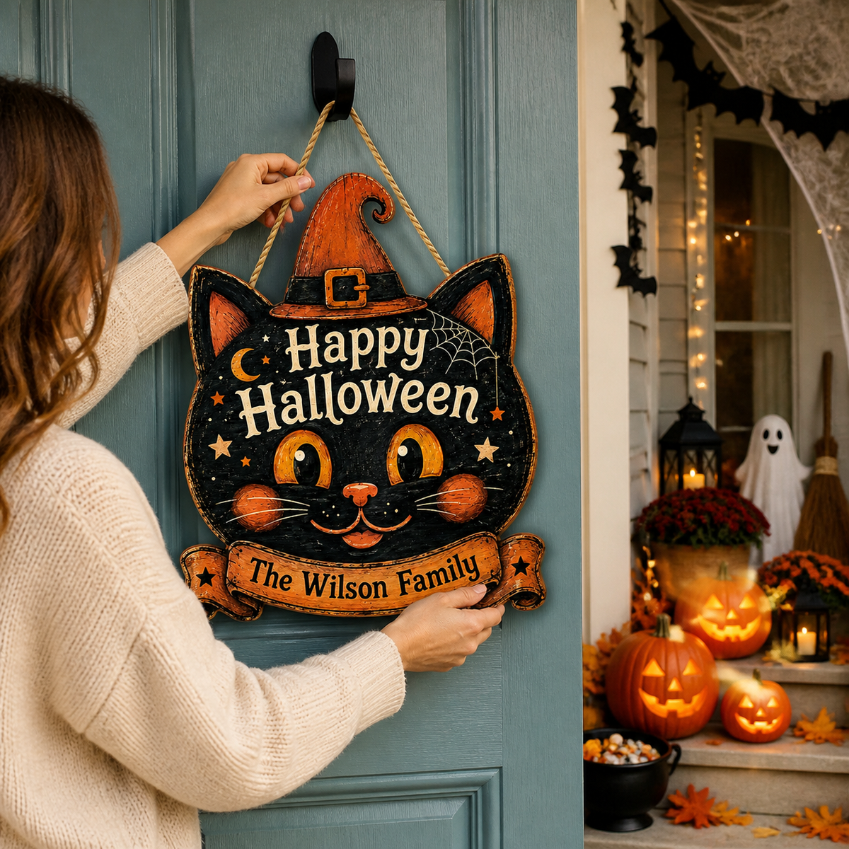 Happy Halloween Black Cat Witch - Personalized Family Name Wood Sign - Spooky Halloween Door Decor