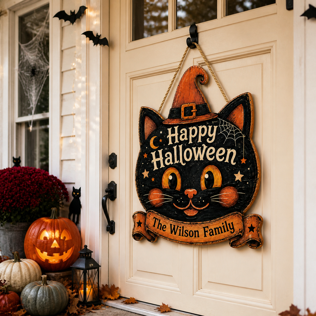 Happy Halloween Black Cat Witch - Personalized Family Name Wood Sign - Spooky Halloween Door Decor