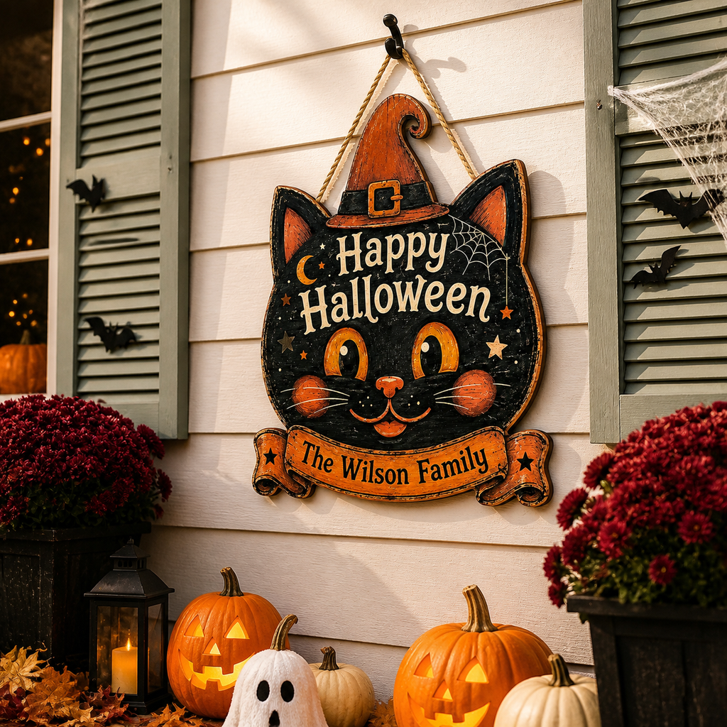 Happy Halloween Black Cat Witch - Personalized Family Name Wood Sign - Spooky Halloween Door Decor