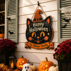 Happy Halloween Black Cat Witch - Personalized Family Name Wood Sign - Spooky Halloween Door Decor