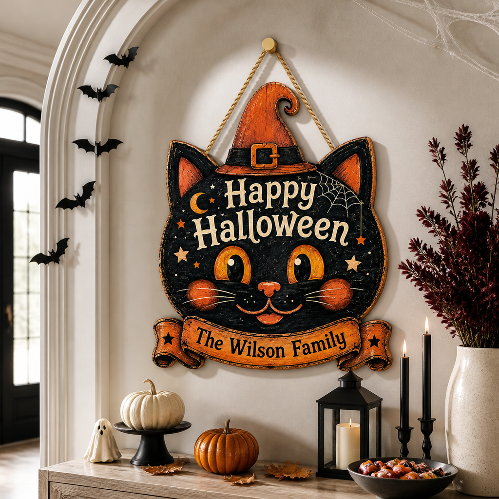 Happy Halloween Black Cat Witch - Personalized Family Name Wood Sign - Spooky Halloween Door Decor