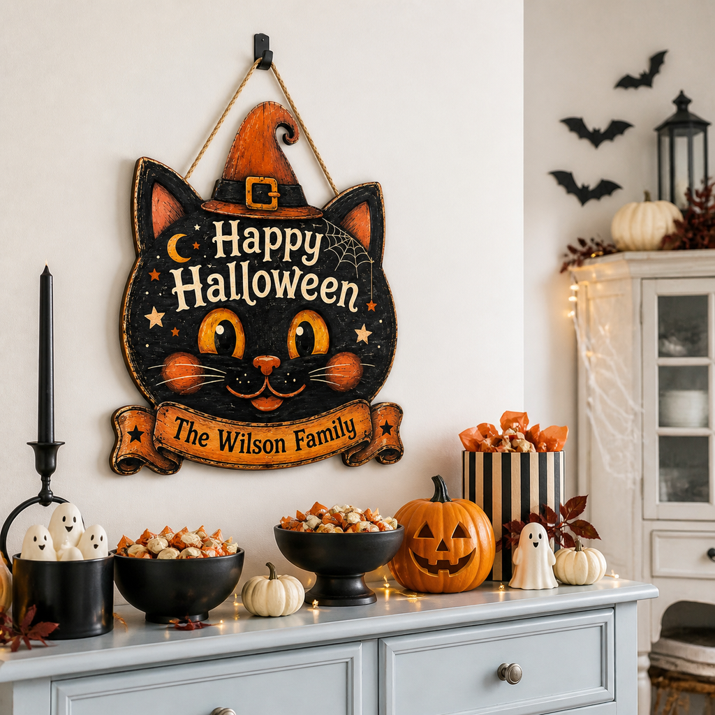 Happy Halloween Black Cat Witch - Personalized Family Name Wood Sign - Spooky Halloween Door Decor