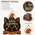 Happy Halloween Black Cat Witch - Personalized Family Name Wood Sign - Spooky Halloween Door Decor