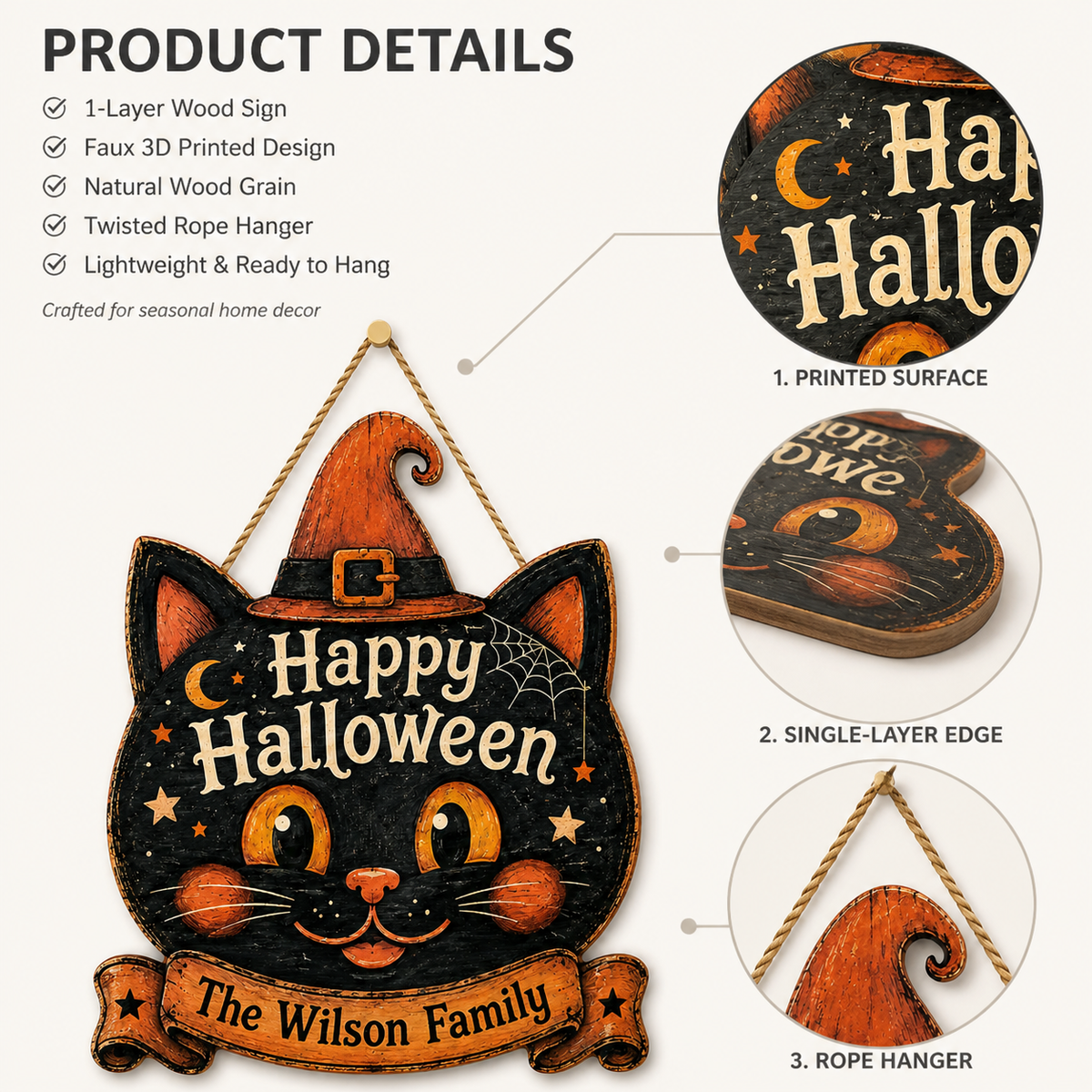 Happy Halloween Black Cat Witch - Personalized Family Name Wood Sign - Spooky Halloween Door Decor