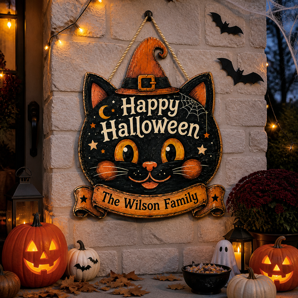 Happy Halloween Black Cat Witch - Personalized Family Name Wood Sign - Spooky Halloween Door Decor
