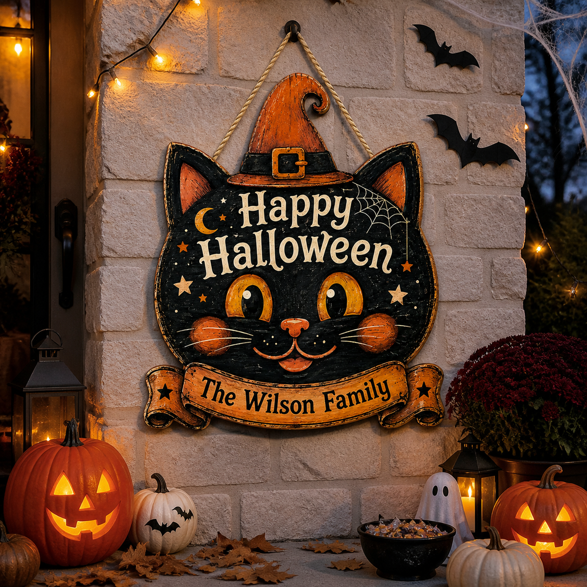 Happy Halloween Black Cat Witch - Personalized Family Name Wood Sign - Spooky Halloween Door Decor