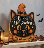 Happy Halloween Black Cat Witch - Personalized Family Name Wood Sign - Spooky Halloween Door Decor