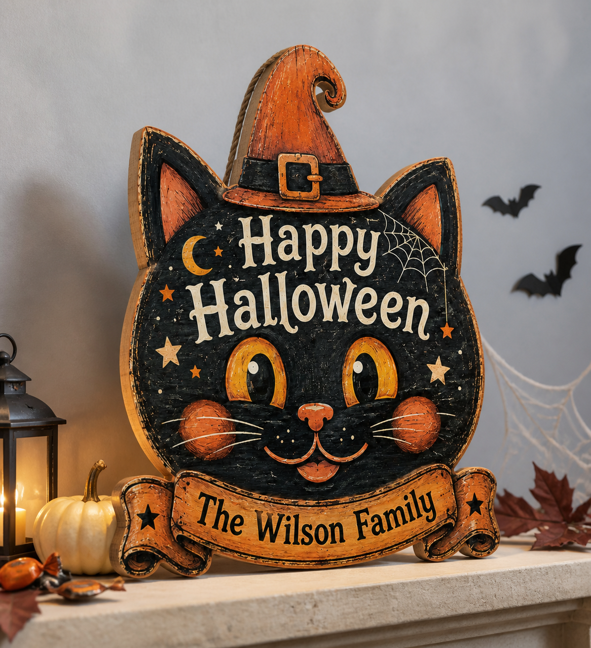 Happy Halloween Black Cat Witch - Personalized Family Name Wood Sign - Spooky Halloween Door Decor