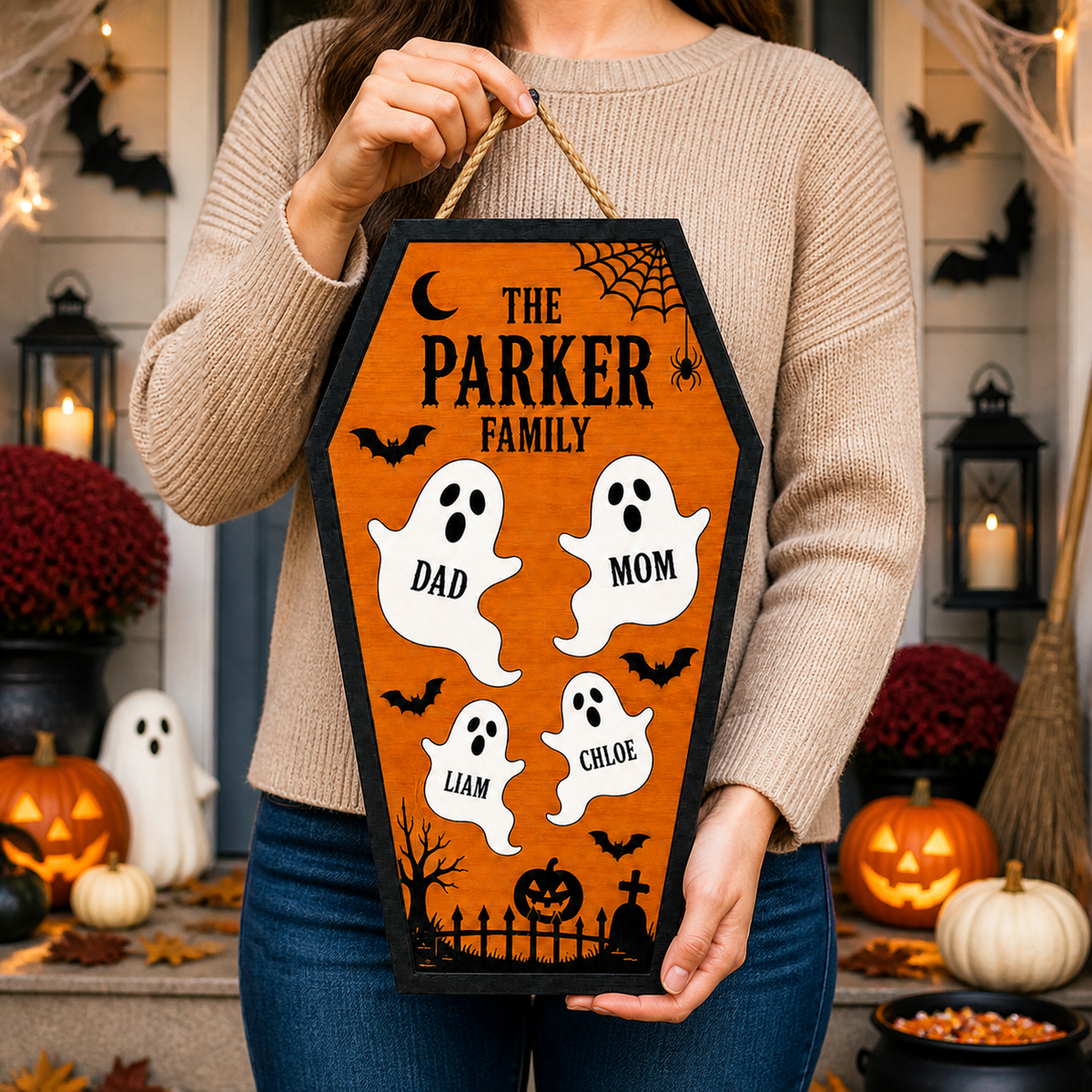 Ghost Family Coffin With Custom Names - Personalized Wood Sign - Halloween Door Decor For Family