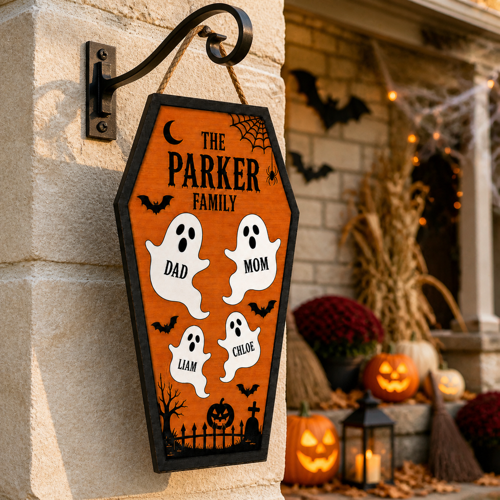 Ghost Family Coffin With Custom Names - Personalized Wood Sign - Halloween Door Decor For Family