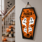 Ghost Family Coffin With Custom Names - Personalized Wood Sign - Halloween Door Decor For Family