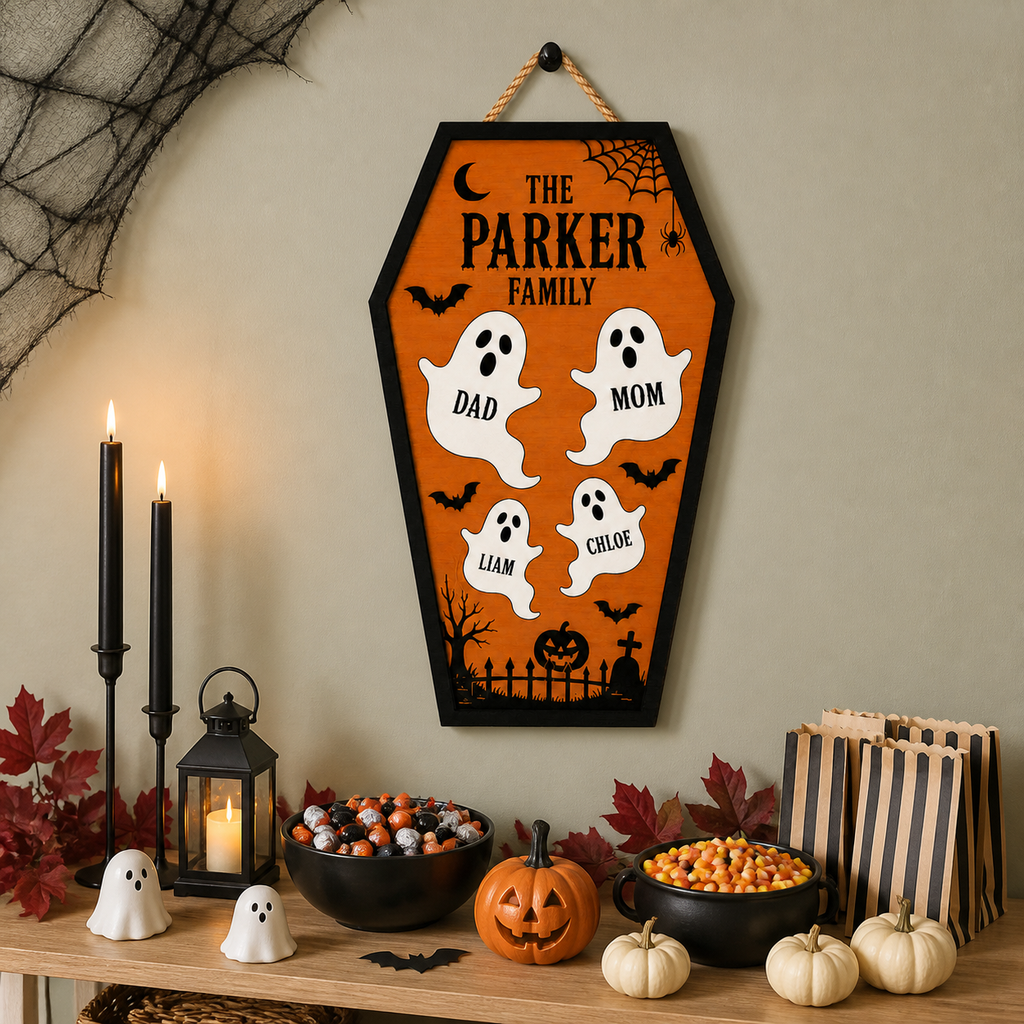 Ghost Family Coffin With Custom Names - Personalized Wood Sign - Halloween Door Decor For Family