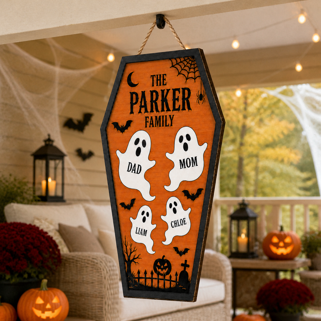 Ghost Family Coffin With Custom Names - Personalized Wood Sign - Halloween Door Decor For Family