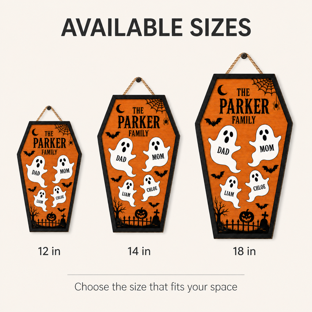 Ghost Family Coffin With Custom Names - Personalized Wood Sign - Halloween Door Decor For Family