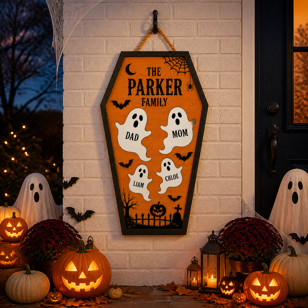 Ghost Family Coffin With Custom Names - Personalized Wood Sign - Halloween Door Decor For Family