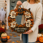 Grandpa & Grandma’s Boo Crew Ghost Wreath With Grandkids’ Names - Personalized Wood Sign - Halloween Gift For Grandparents