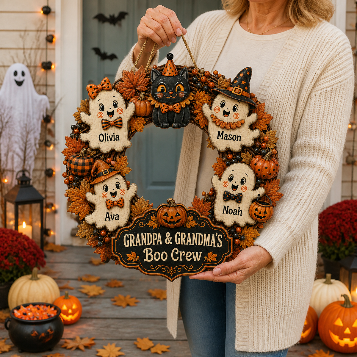 Grandpa & Grandma’s Boo Crew Ghost Wreath With Grandkids’ Names - Personalized Wood Sign - Halloween Gift For Grandparents