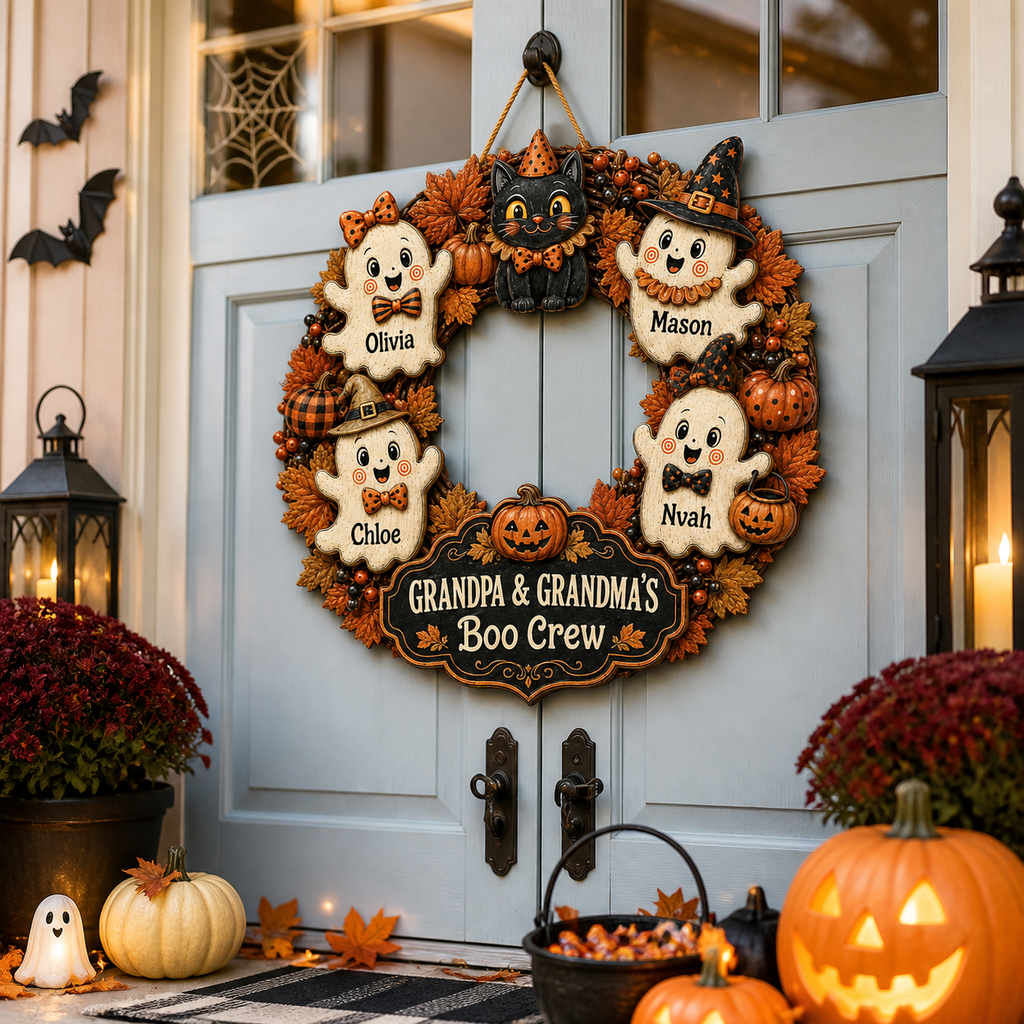 Grandpa & Grandma’s Boo Crew Ghost Wreath With Grandkids’ Names - Personalized Wood Sign - Halloween Gift For Grandparents
