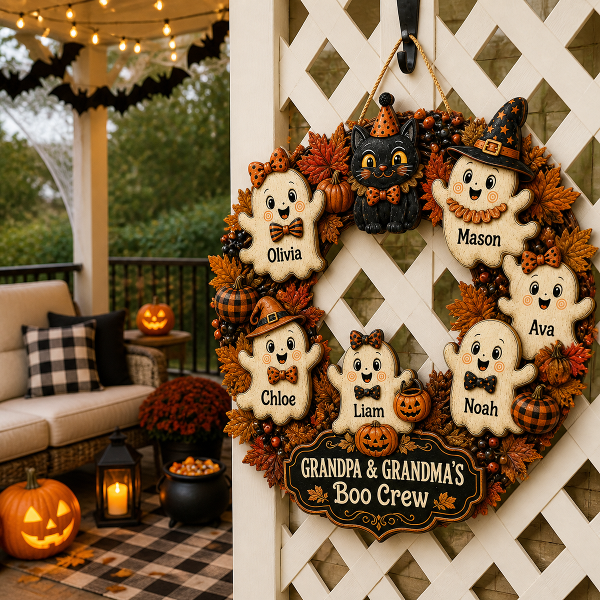 Grandpa & Grandma’s Boo Crew Ghost Wreath With Grandkids’ Names - Personalized Wood Sign - Halloween Gift For Grandparents