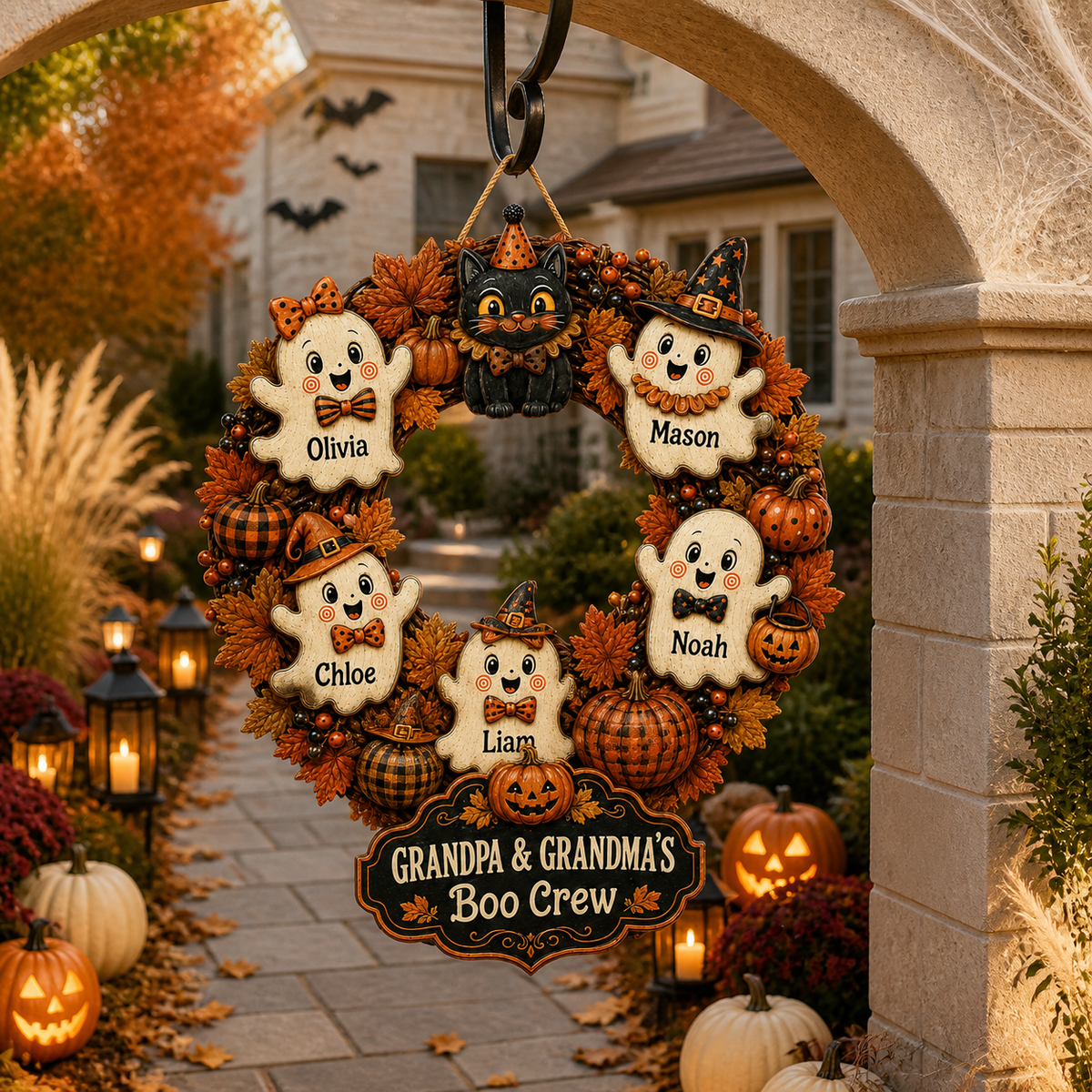Grandpa & Grandma’s Boo Crew Ghost Wreath With Grandkids’ Names - Personalized Wood Sign - Halloween Gift For Grandparents