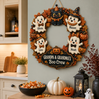 Grandpa & Grandma’s Boo Crew Ghost Wreath With Grandkids’ Names - Personalized Wood Sign - Halloween Gift For Grandparents