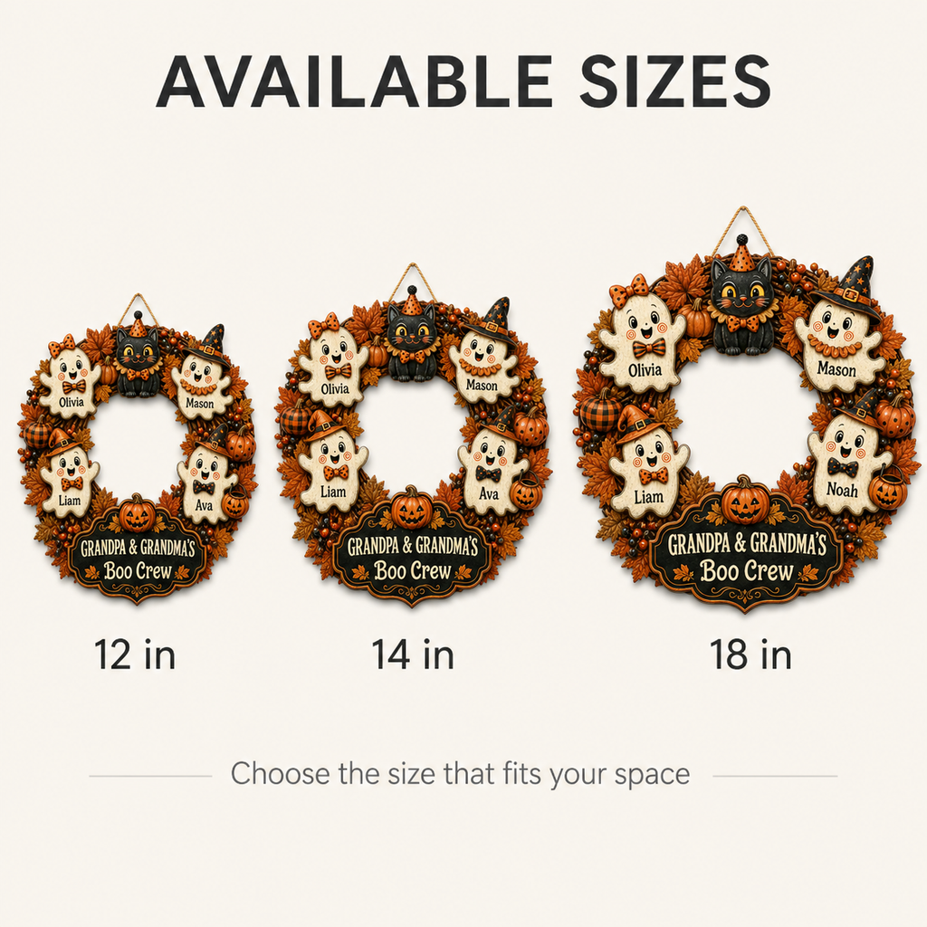 Grandpa & Grandma’s Boo Crew Ghost Wreath With Grandkids’ Names - Personalized Wood Sign - Halloween Gift For Grandparents