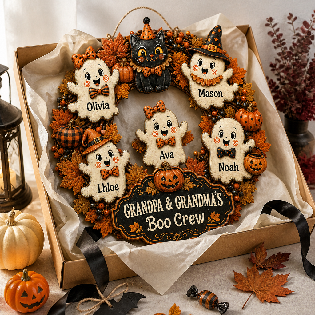 Grandpa & Grandma’s Boo Crew Ghost Wreath With Grandkids’ Names - Personalized Wood Sign - Halloween Gift For Grandparents