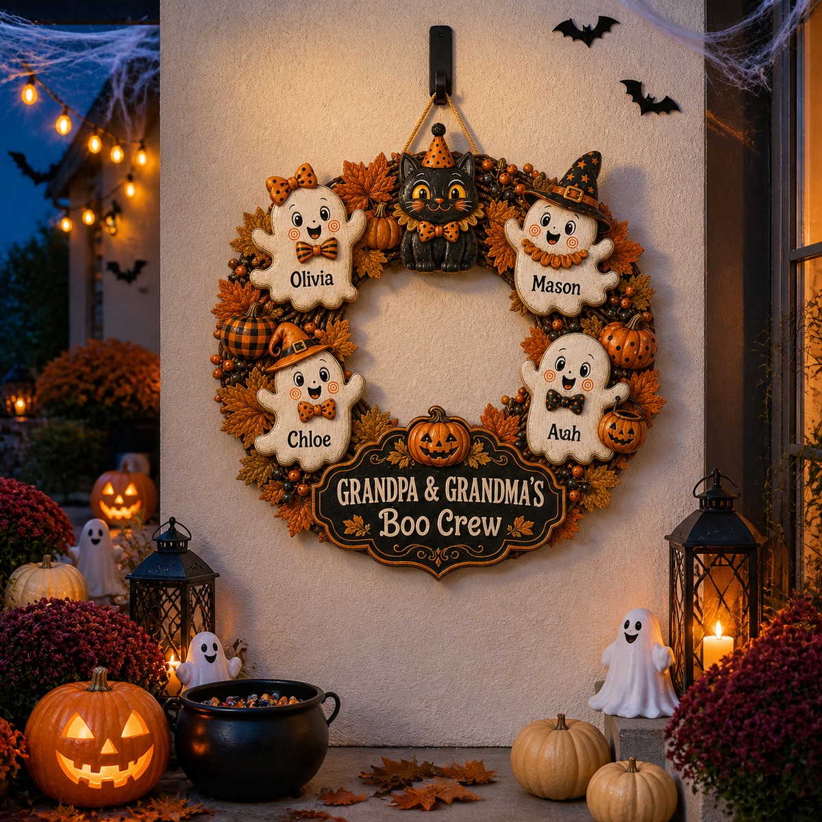 Grandpa & Grandma’s Boo Crew Ghost Wreath With Grandkids’ Names - Personalized Wood Sign - Halloween Gift For Grandparents