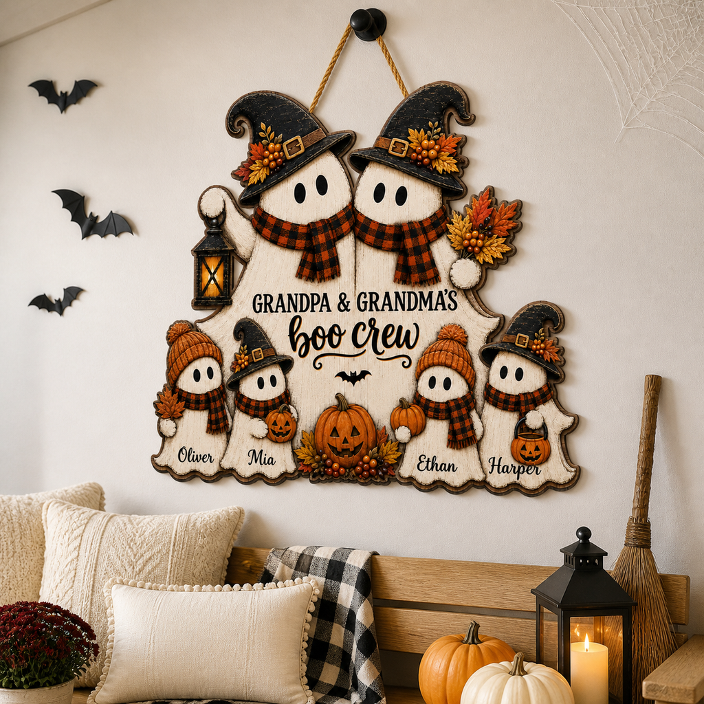 Personalized Boo Crew Wood Sign for Grandparents – Rustic Ghost Family