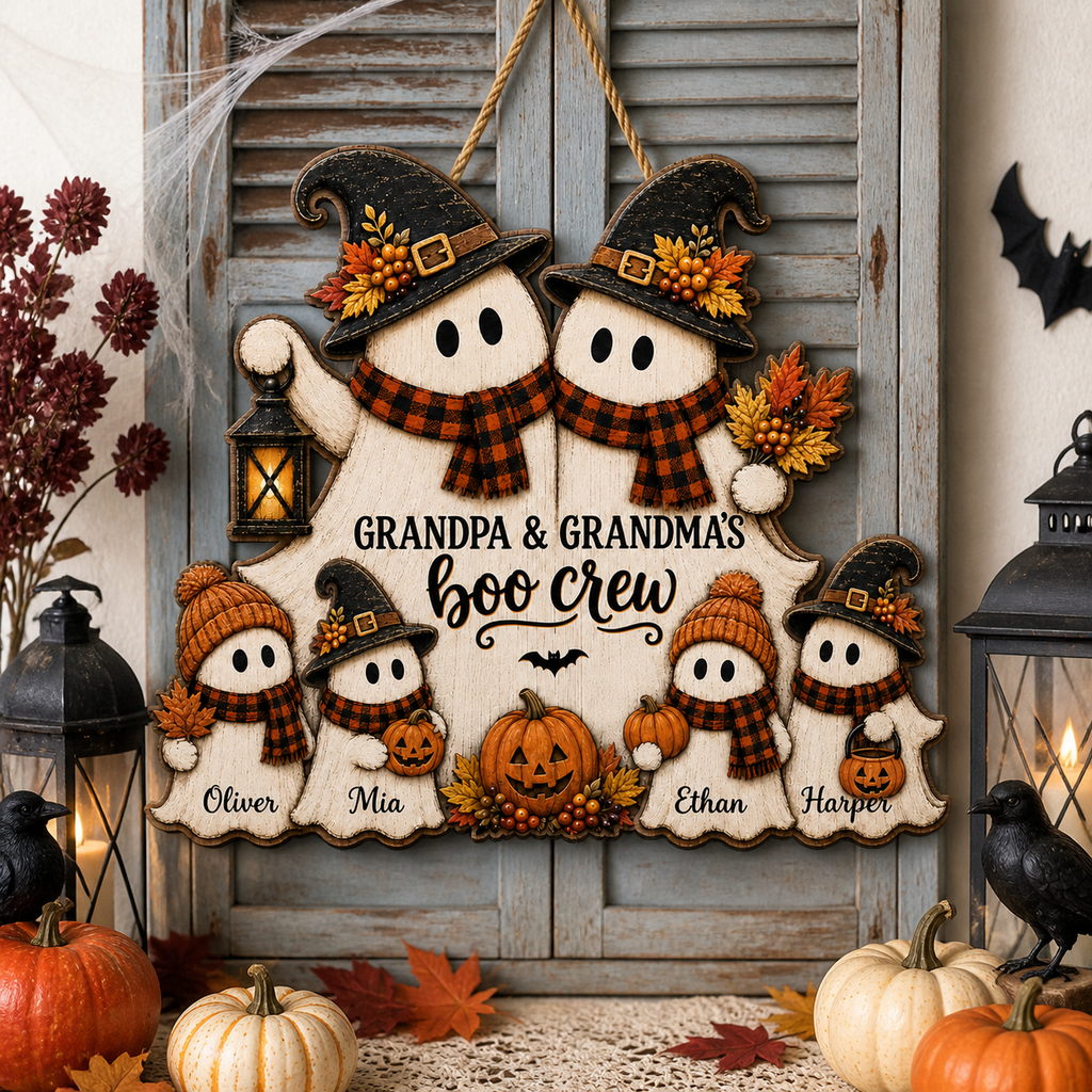 Personalized Boo Crew Wood Sign for Grandparents – Rustic Ghost Family