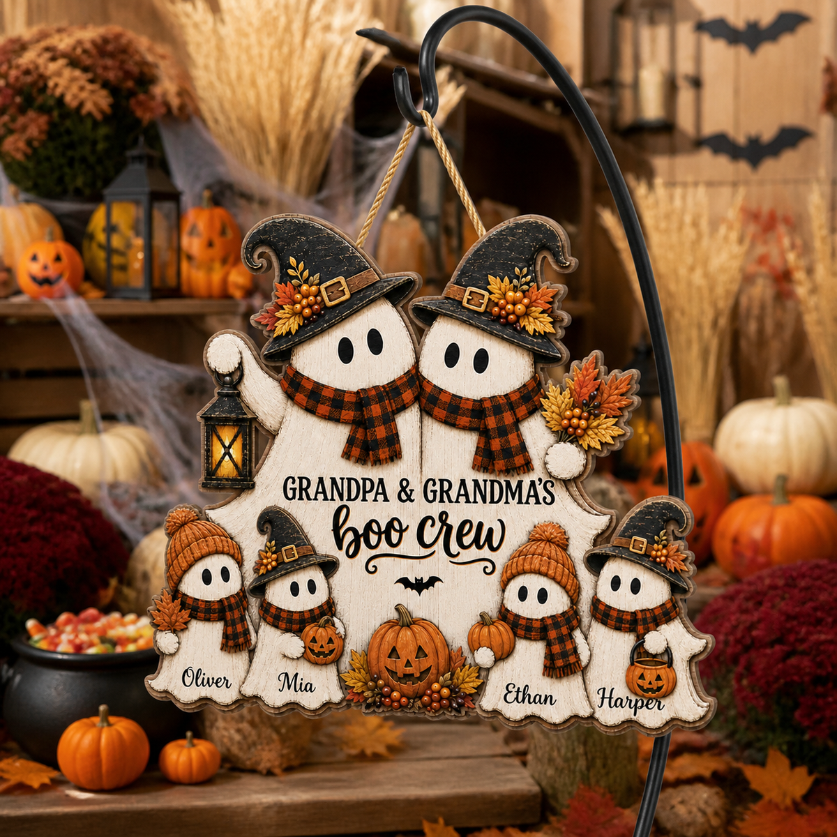 Personalized Boo Crew Wood Sign for Grandparents – Rustic Ghost Family